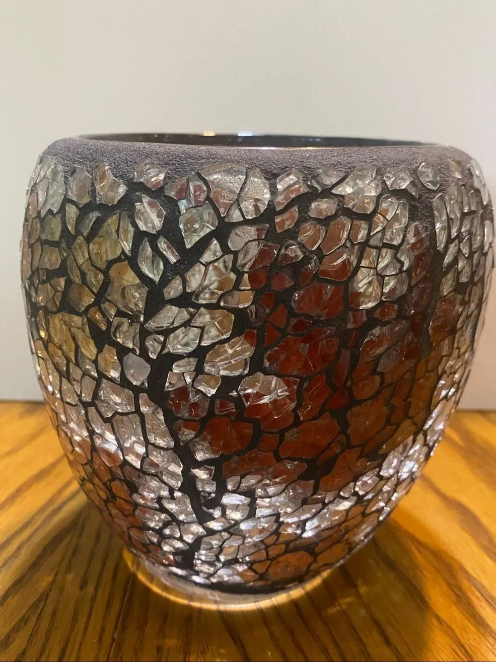 Artist Signed Mosaic Glass Vase Candle Holder Amber Silver Boho Art Decor